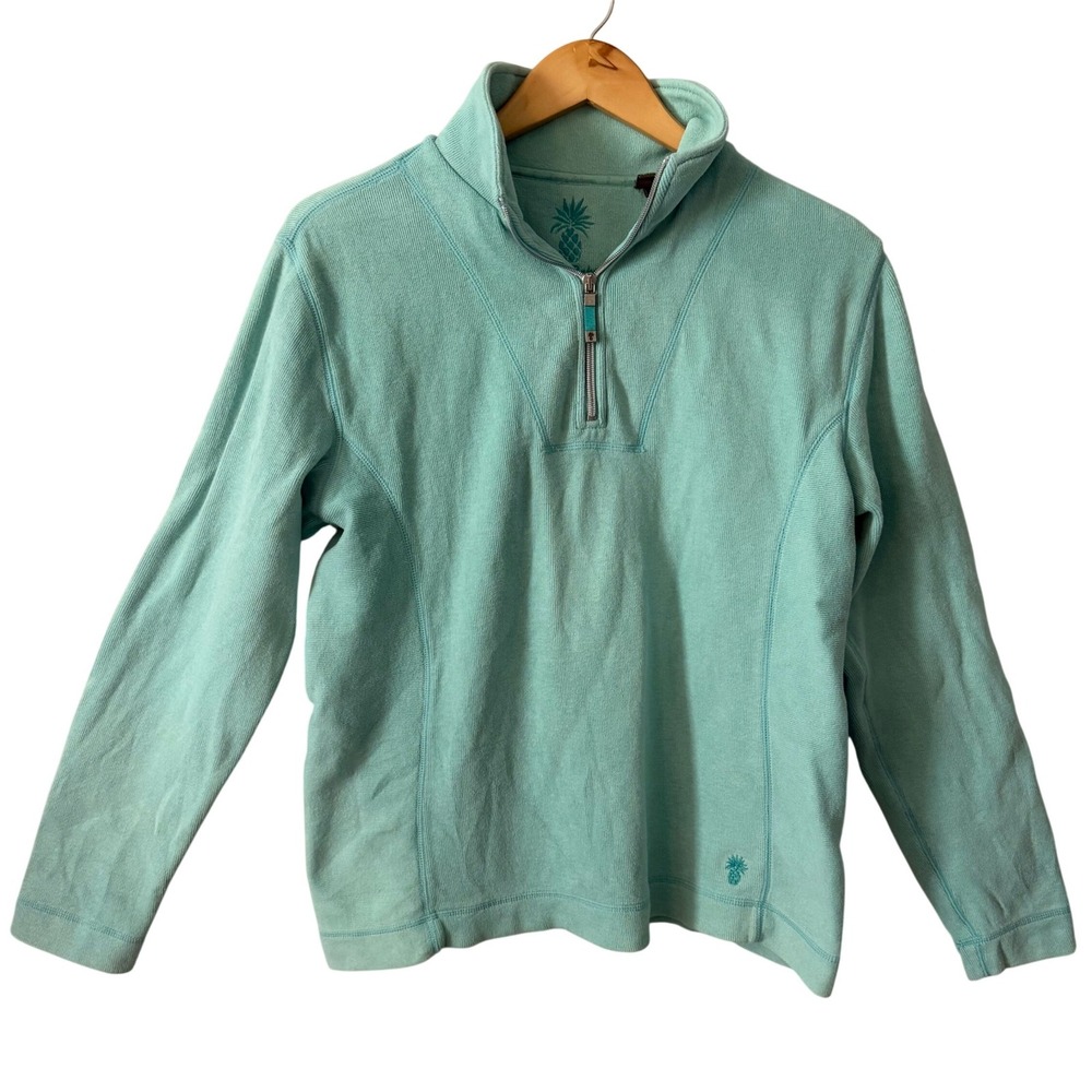 Tommy Bahama Women Sz Md Aqua Mint Green Ribbed Quarter Zip Pullover Coastal